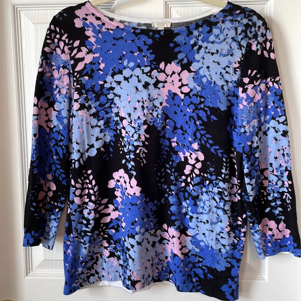 Talbots blue and pink floral sweater. Size Large petite with 3/4 sleeves.